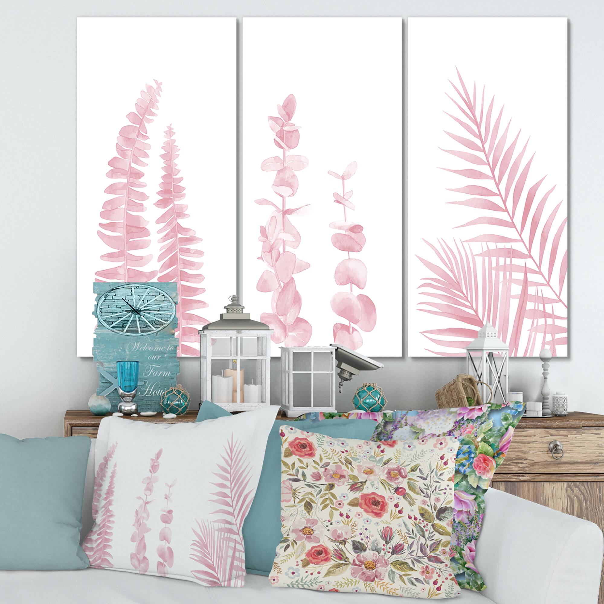 Designart - Blush Pinkeucalyptus and Palm Branches